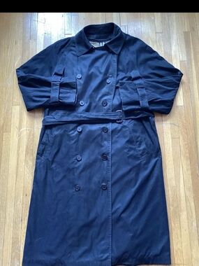 Luxe Burberry London Men 40R Solid Black Cotton Long Belted Overcoat,Wool Liner